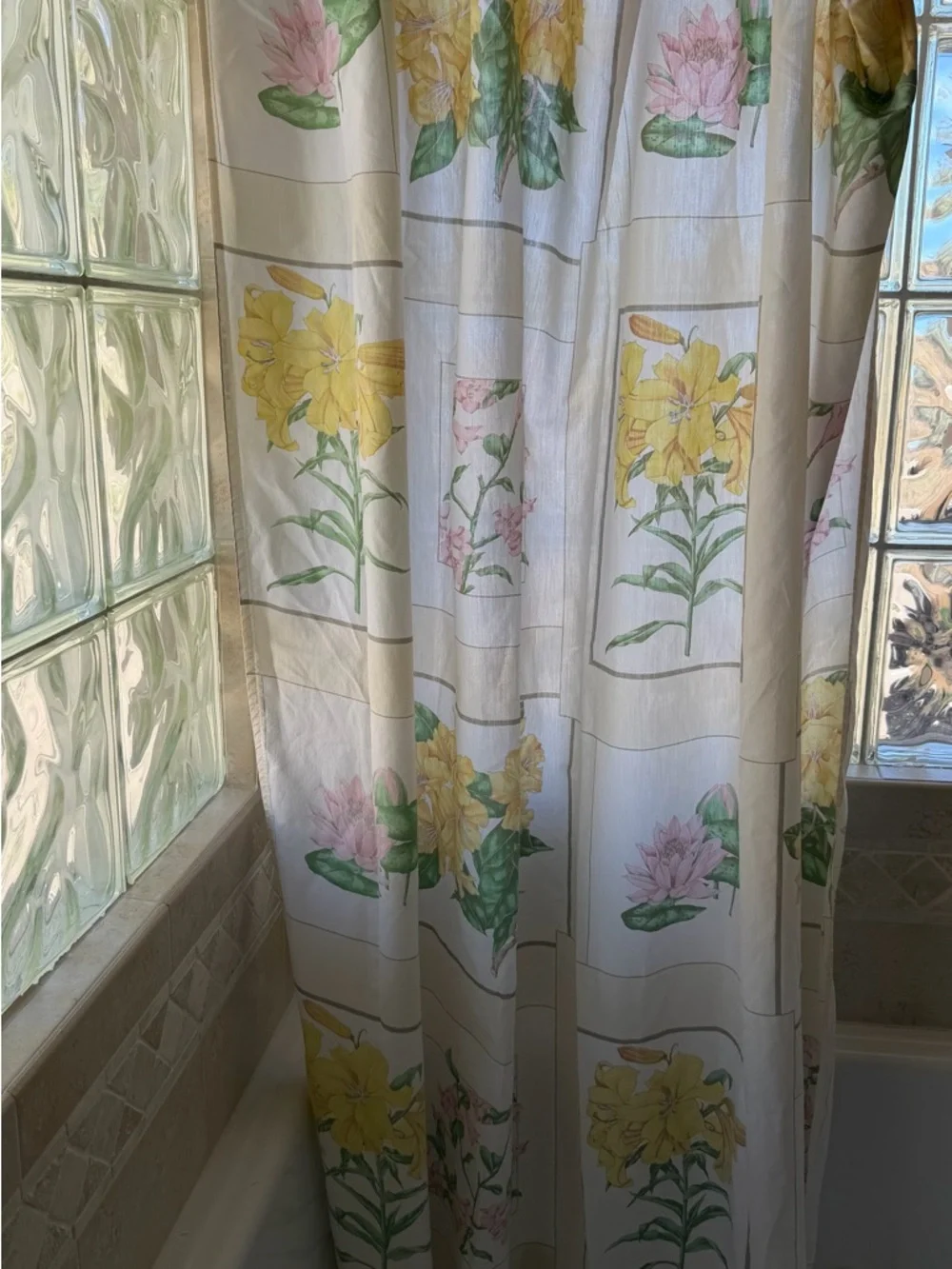 Floral Shower Curtain with Yellow & Pink Blooms